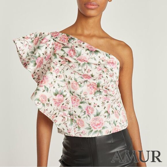 AMUR **NWT** Jasmine One-Shoulder Ruffle Top in Eggshell Pink Floral - Picture 3 of 14